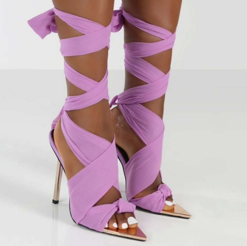 Ribbon Lace Up Strap Gold Stiletto Heel. Lavender heel, high heels.